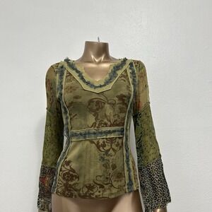 Vintage 90s Y2K Fairy Grunge Green Dark Floral Top Mesh Sleeves Size M Chaudry